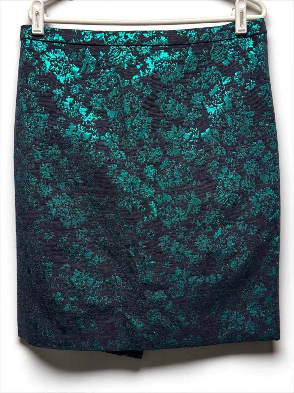J. Crew Factory The Pencil Skirt Metallic Green Floral Jacquard 10